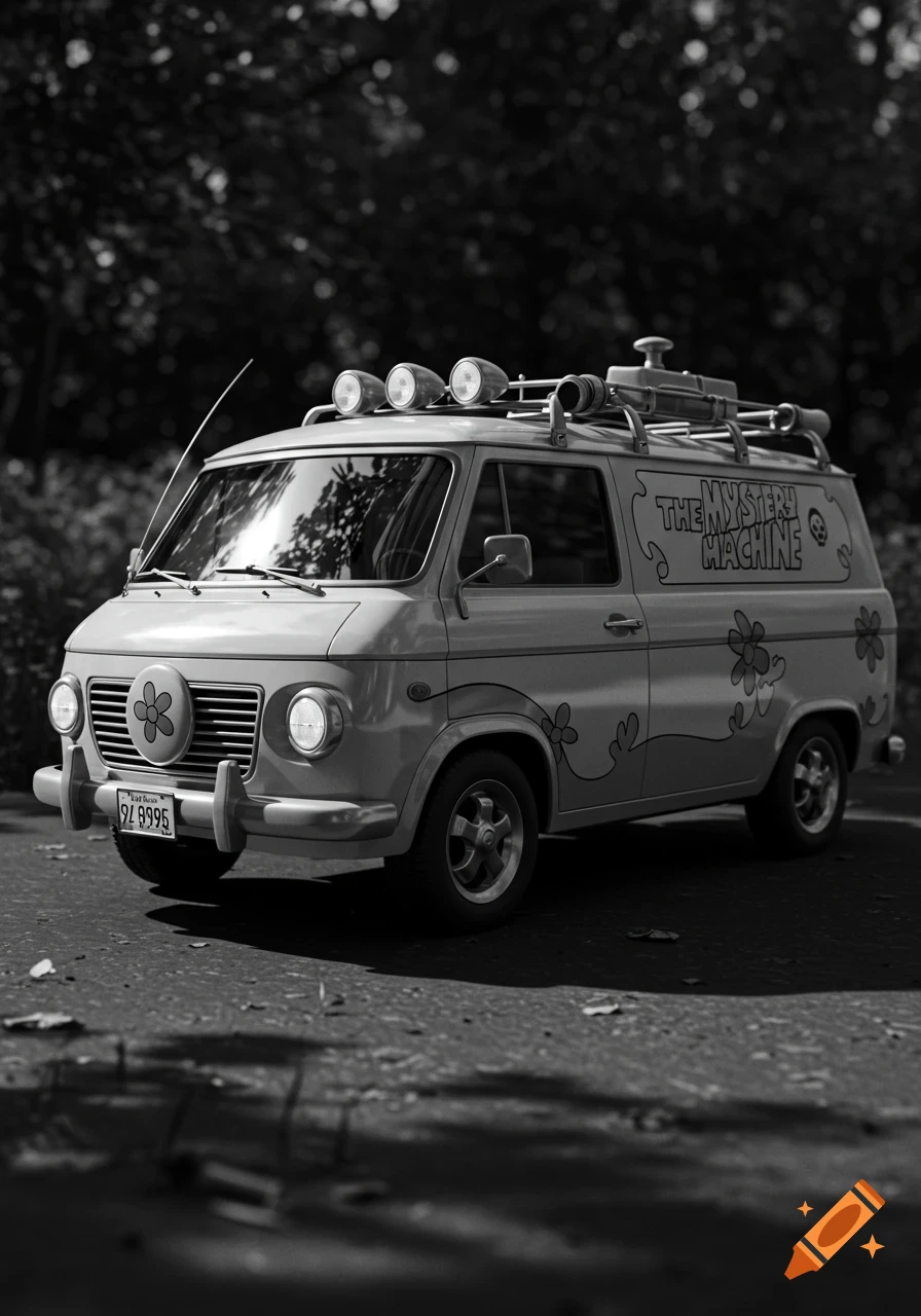 A black and white photorealistic image of the Mystery Machine van, featuring flower decals, a skull, and "THE MYSTERY MACHINE" text on its side.