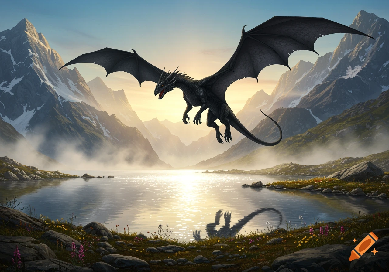A black dragon flies over a shimmering lake surrounded by majestic mountains at sunset.