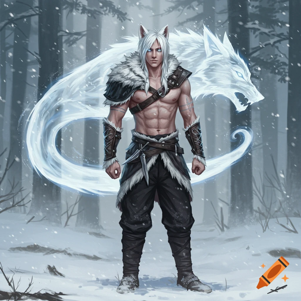 A muscular male warrior with white hair and wolf ears stands shirtless in a snowy forest, with a glowing white wolf spirit behind him.