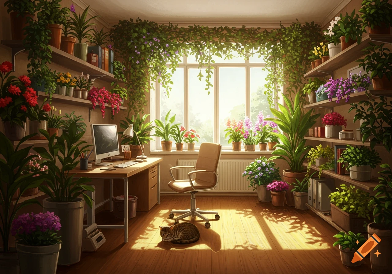 A sunlit home office filled with lush green plants and vibrant flowers, featuring a desk, computer, chair, and a cat resting on the wooden floor.