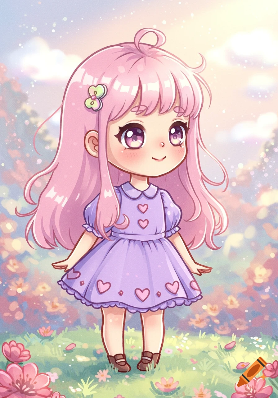 A cute chibi girl with long pink hair, wearing a purple dress with heart patterns, stands in a field of colorful flowers.