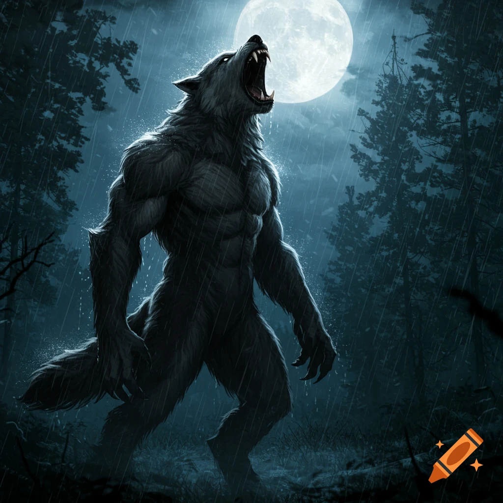 A powerful werewolf howls at a large full moon in a dark, rainy forest.