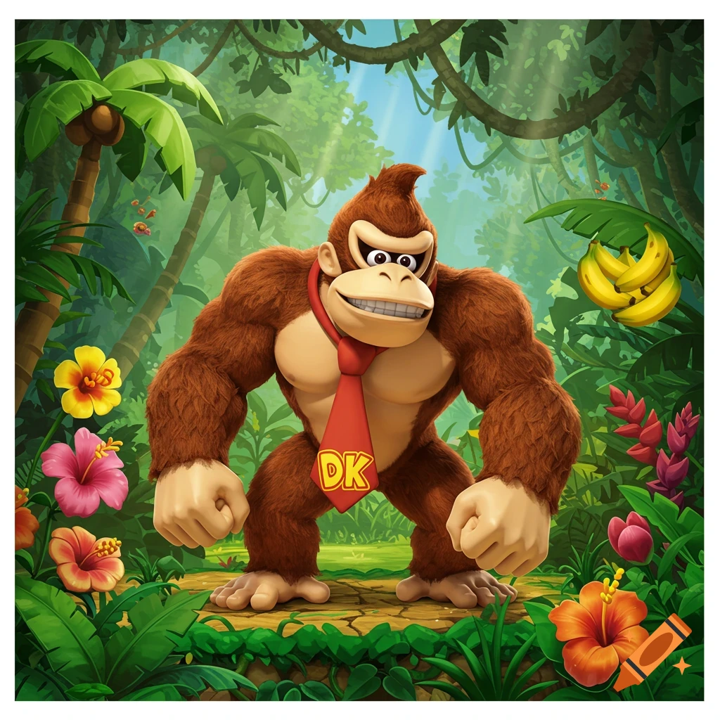 Donkey Kong, a brown gorilla with a red tie, stands smiling in a vibrant jungle with bananas, trees, and flowers.