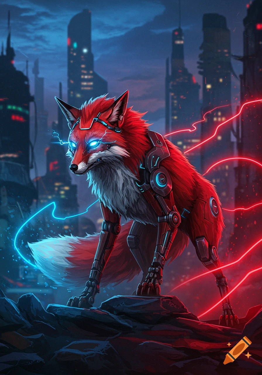 A cybernetic red fox with glowing blue eyes stands on a rocky foreground, set against a futuristic cityscape with neon lights and electrical currents.