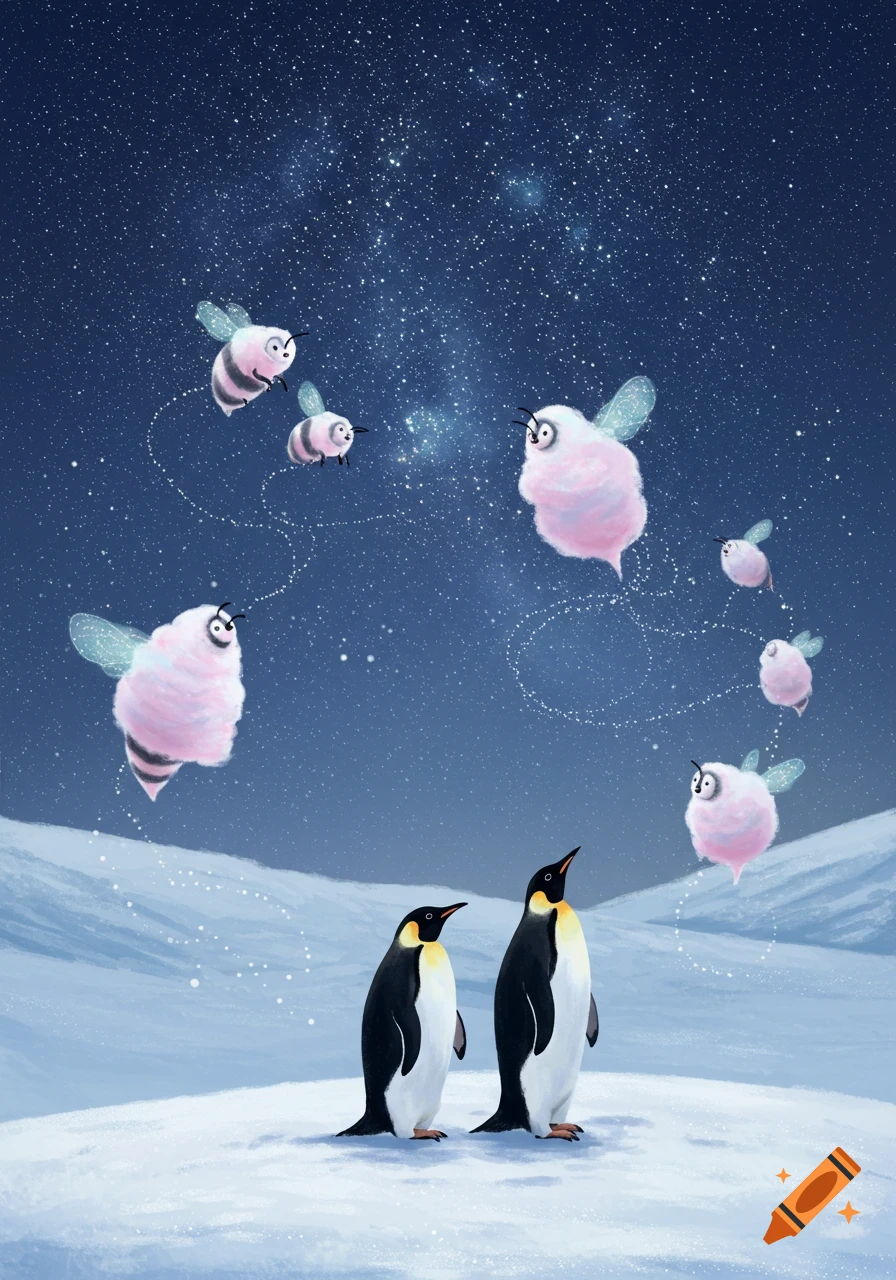 Illustration of two penguins on a snowy ground looking up at several pink cotton candy bees flying in a starry night sky.