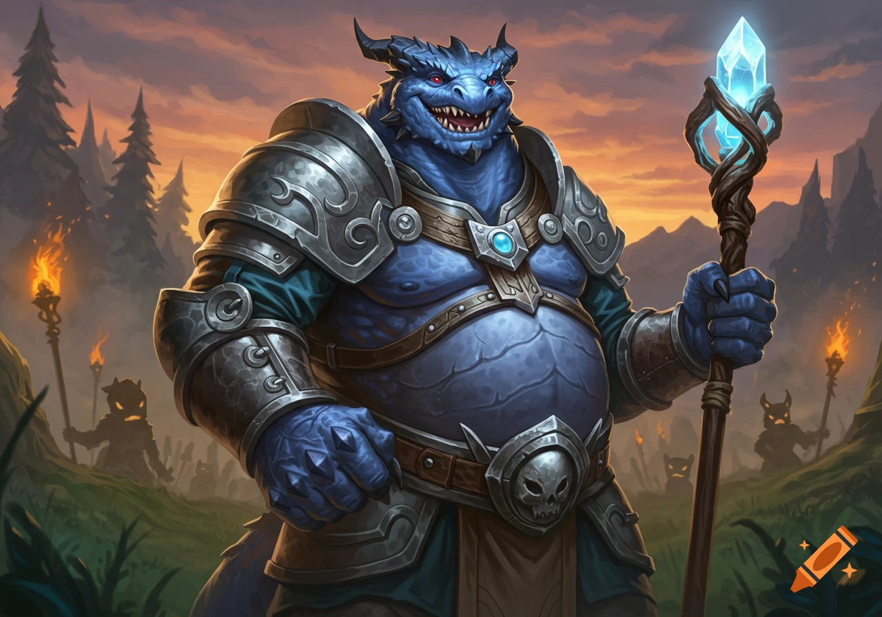 A blue dragonborn cleric in ornate silver armor smiles broadly while holding a glowing crystal staff against a sunset forest background.