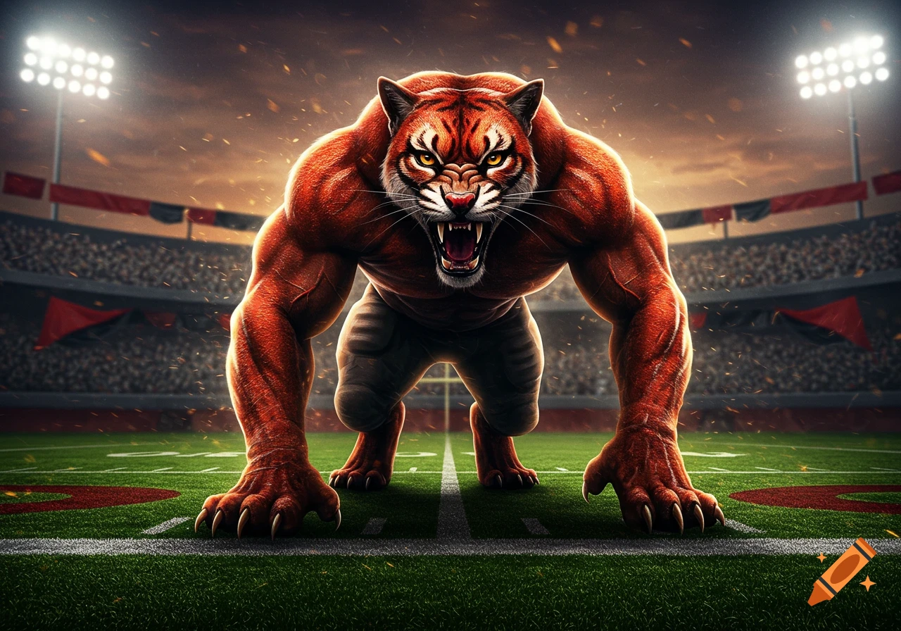 A muscular, red and black wildcat creature crouches aggressively on a football field in a stadium.