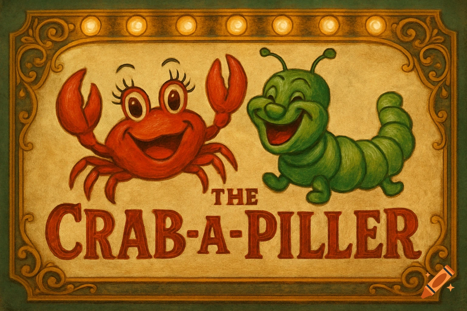 A vintage-style amusement park sign features a smiling red cartoon crab and a green caterpillar, with the text "THE CRAB-A-PILLER".