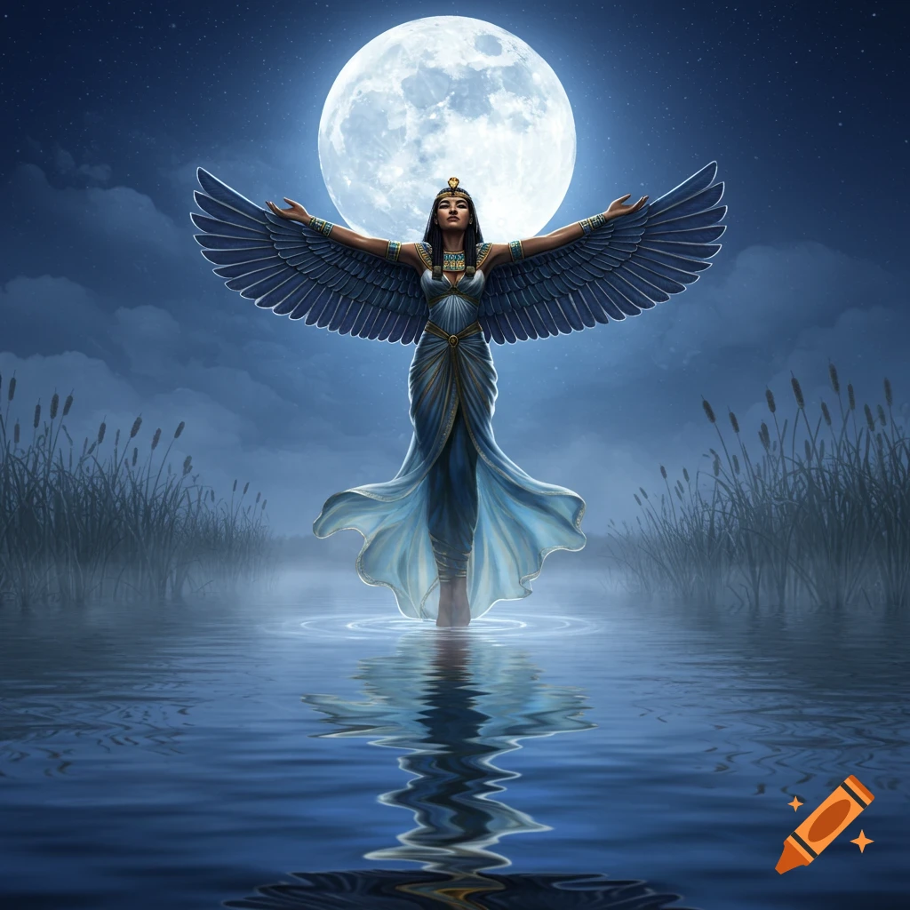 Egyptian goddess Isis with large wings stands in a moonlit lake at night, surrounded by reeds.
