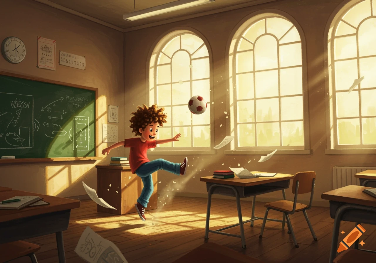 A happy cartoon boy with curly hair kicks a soccer ball in a sunlit classroom, with papers flying.