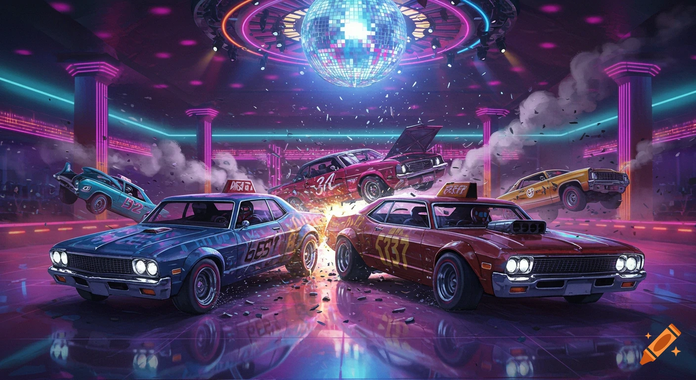 A vibrant, action-packed scene of a demolition derby taking place inside a disco, with classic cars crashing under a large disco ball and neon lights.