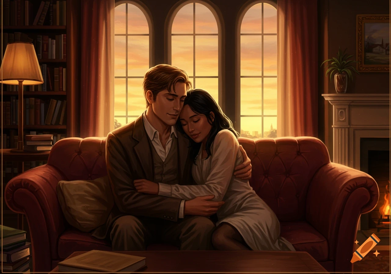 An illustration of a man and woman cuddling on a red sofa in a cozy room with bookshelves and large windows showing a sunset.