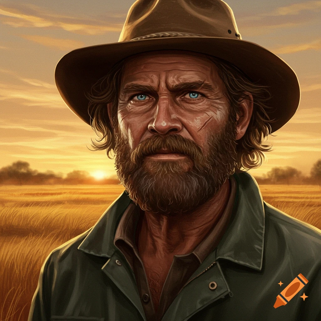 Close-up portrait of a rugged man with a beard, blue eyes, and a scar on his cheek, wearing a hat, standing in a golden field at sunset.