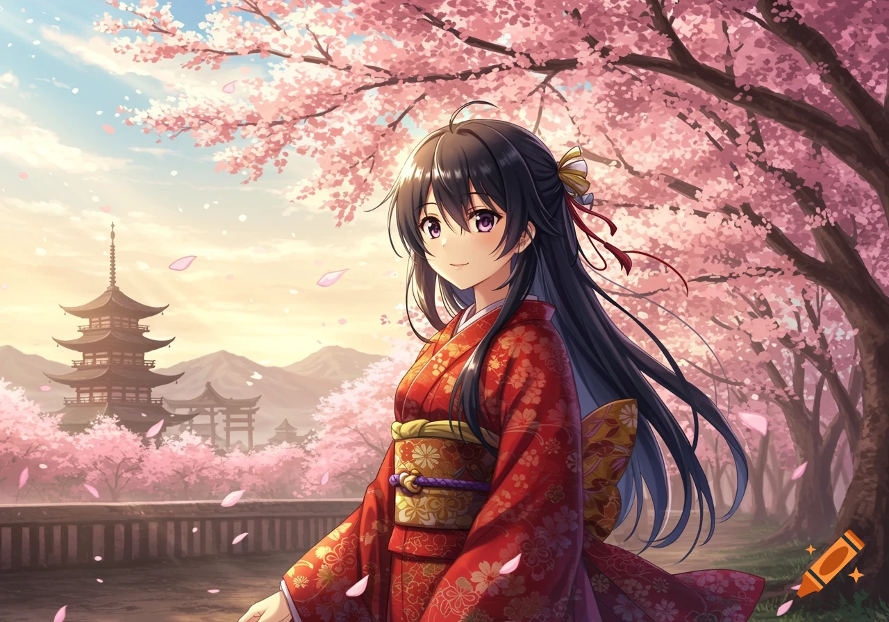 Anime girl in a red kimono standing under cherry blossoms with a pagoda in the background.