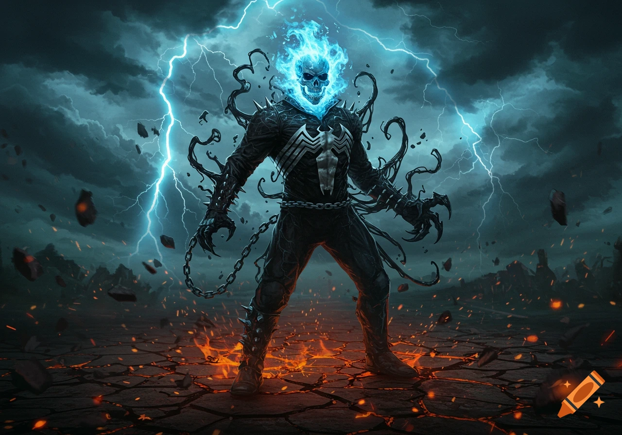 A powerful Ghost Rider Venom fusion stands amidst lightning and fire on cracked earth.