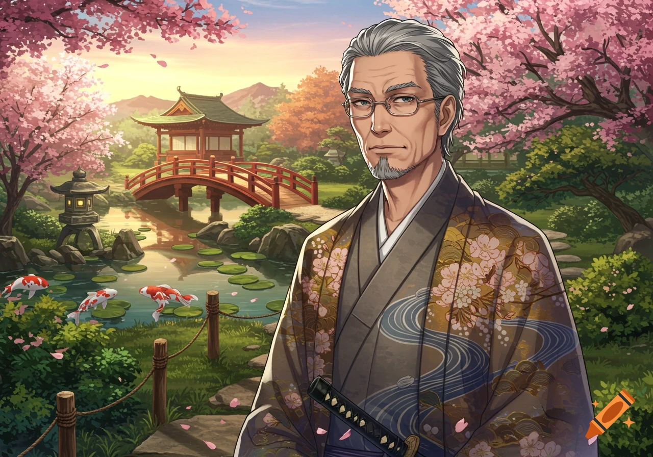 An old man with grey hair and a goatee, wearing traditional Japanese clothing, stands in a serene Japanese garden with cherry blossoms, a red bridge, and koi fish in a pond.