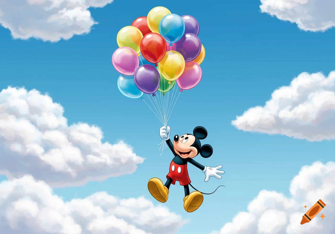 Mickey Mouse flying high in a blue sky, holding a large bunch of colorful balloons.