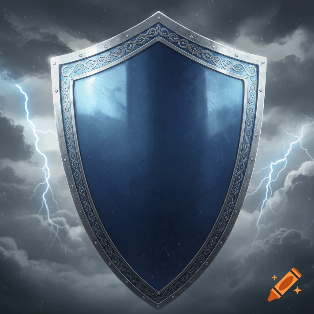 A blue shield with intricate silver Celtic knot patterns against a stormy sky with lightning.
