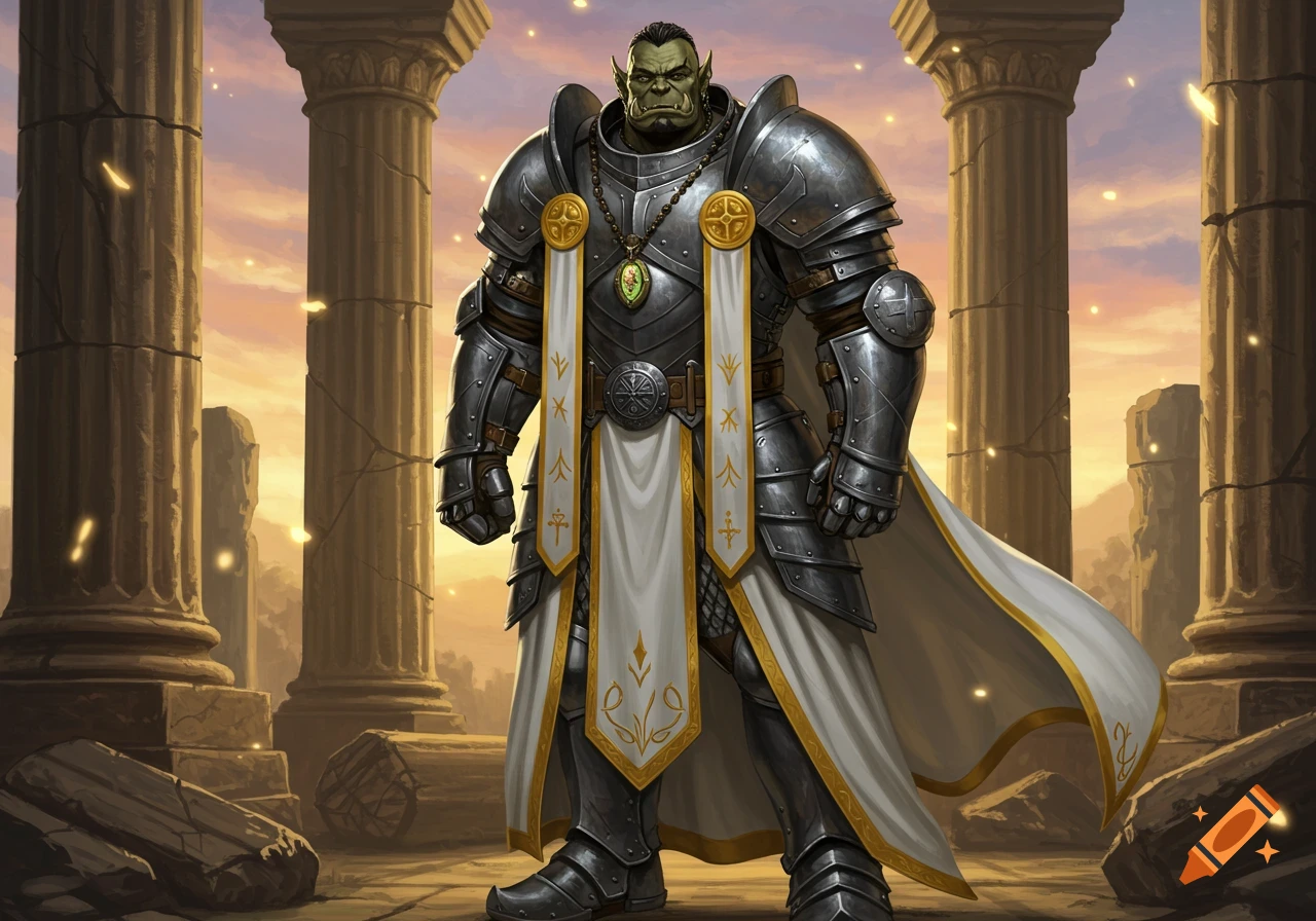 An imposing Orc cleric in detailed silver plate armor and a white robe with gold trim stands among ruined columns at sunset.