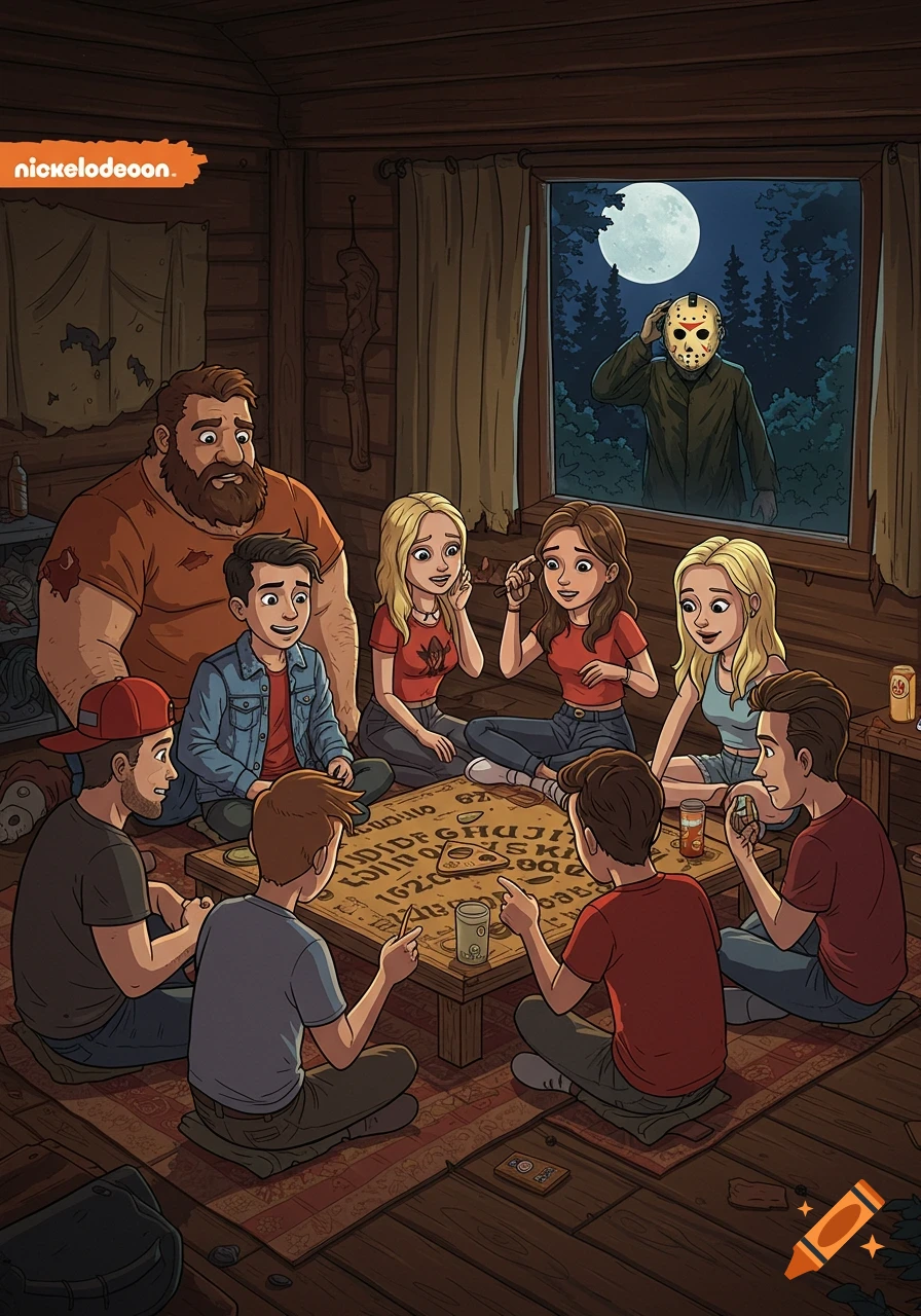 Cartoon illustration of eight people playing a Ouija board in a rustic cabin, with a masked figure like Jason Voorhees looking confused outside the window.