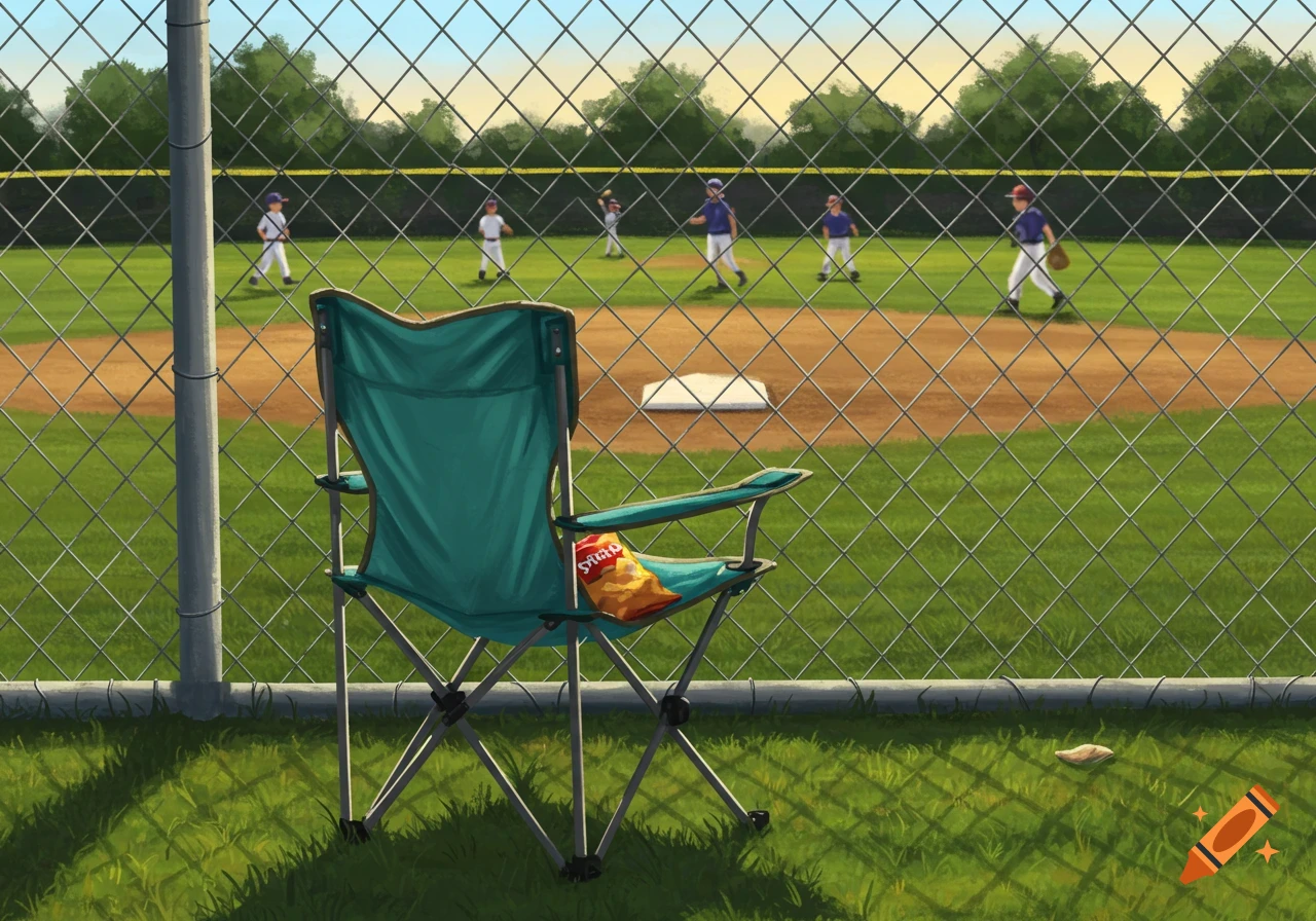 A teal camp chair with a bag of chips sits behind a chain link fence, overlooking a baseball field with children playing.
