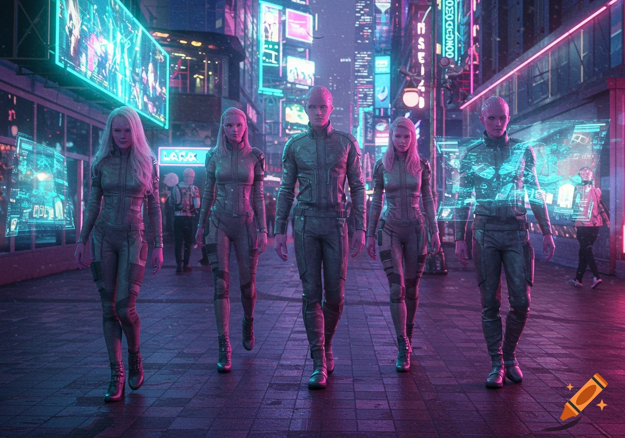 Five pink-skinned, white-haired people in futuristic grey suits walk down a neon-lit cyberpunk city street at night.