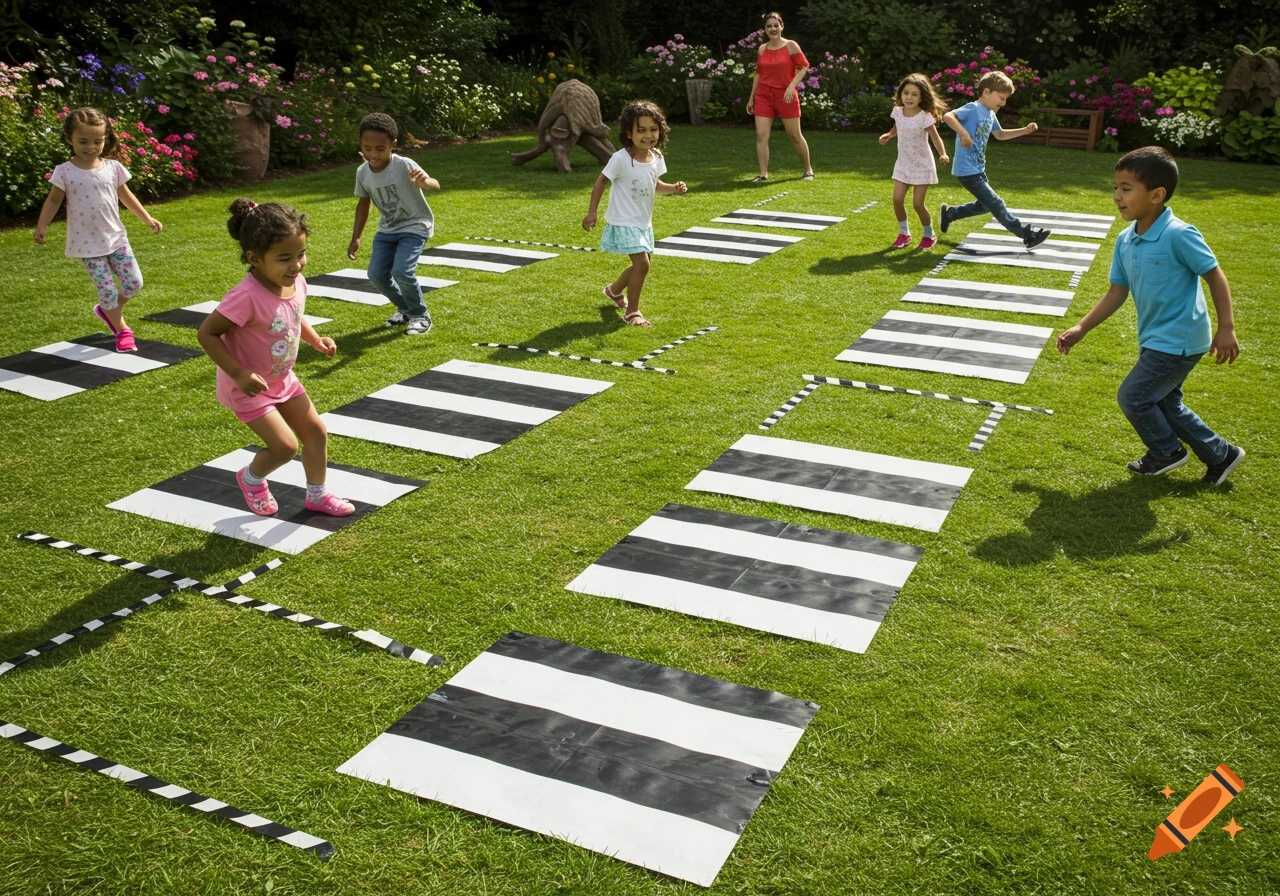 Children and an adult play a game on a grassy lawn, running and jumping over black-and-white striped mats arranged like a path in a sunny garden.