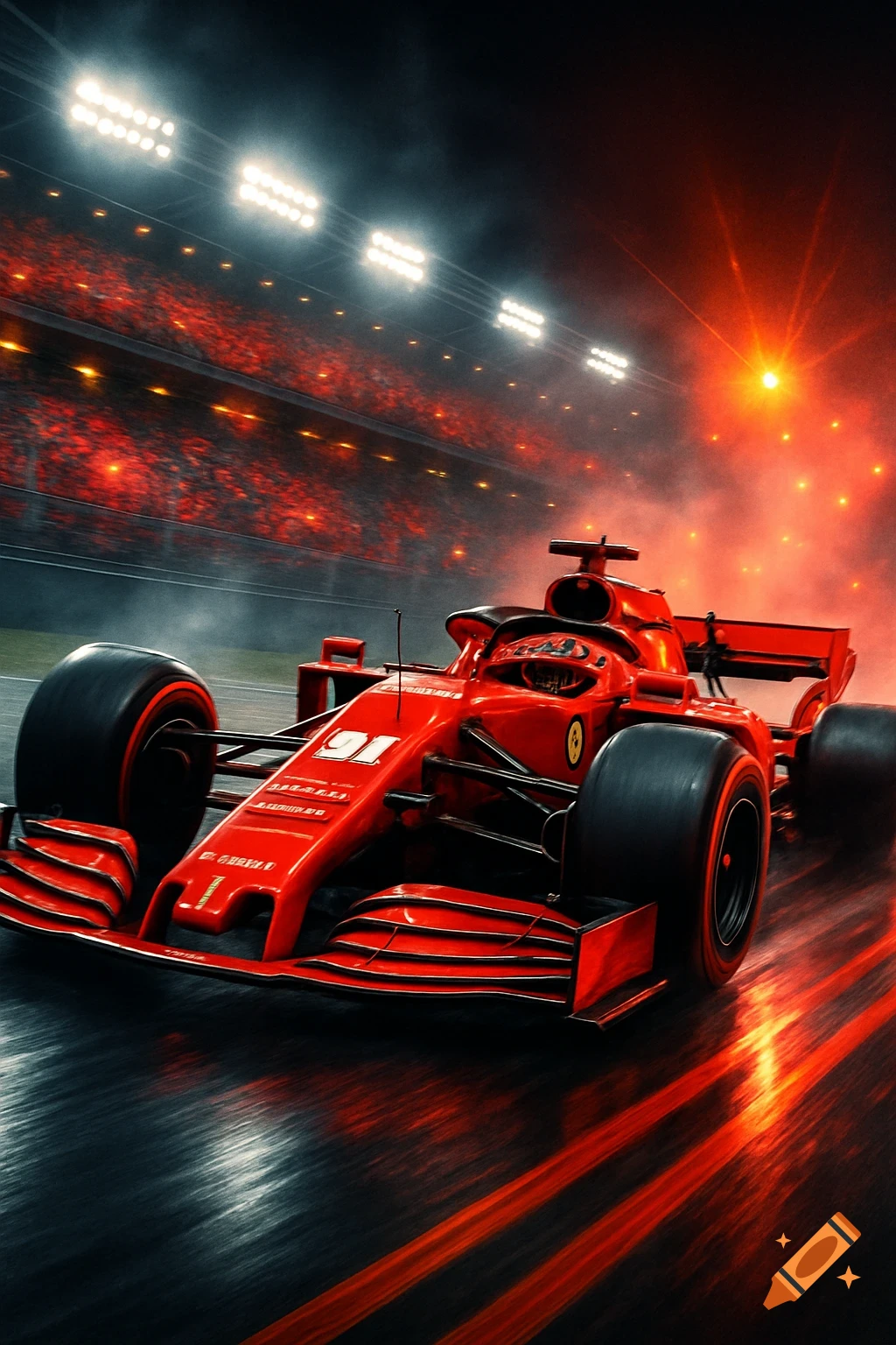 A red Formula 1 race car speeds on a wet track at night, illuminated by bright stadium lights and surrounded by dramatic red and orange light.