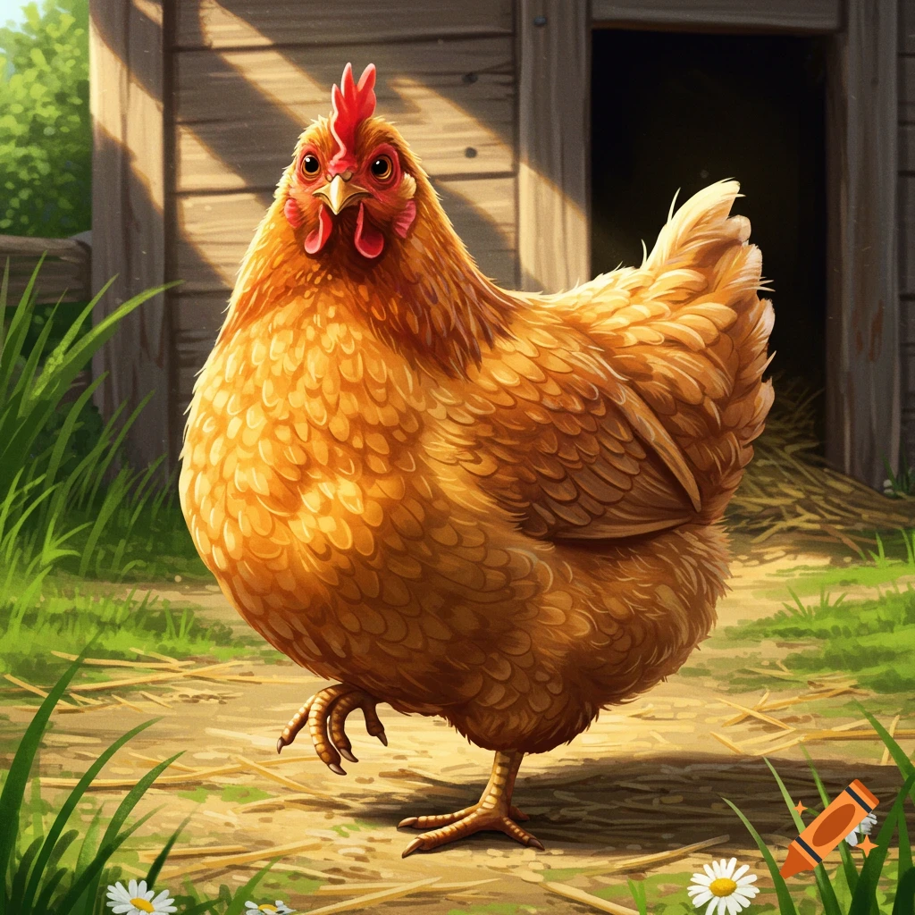 A detailed illustration of a brown chicken standing in a barnyard with a wooden coop behind it.