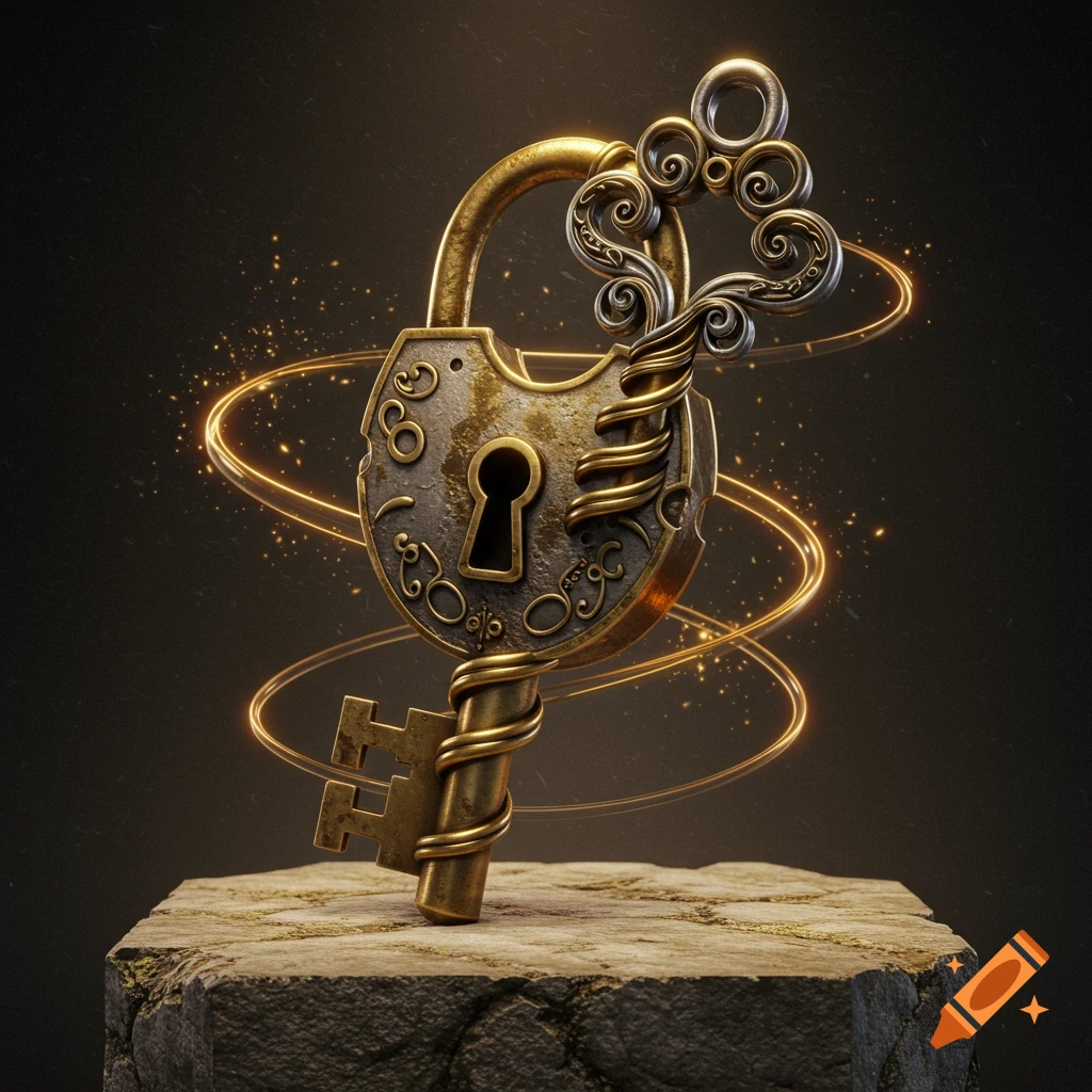 An ornate golden lock and key with silver accents stand on a stone pedestal, surrounded by glowing golden light trails.