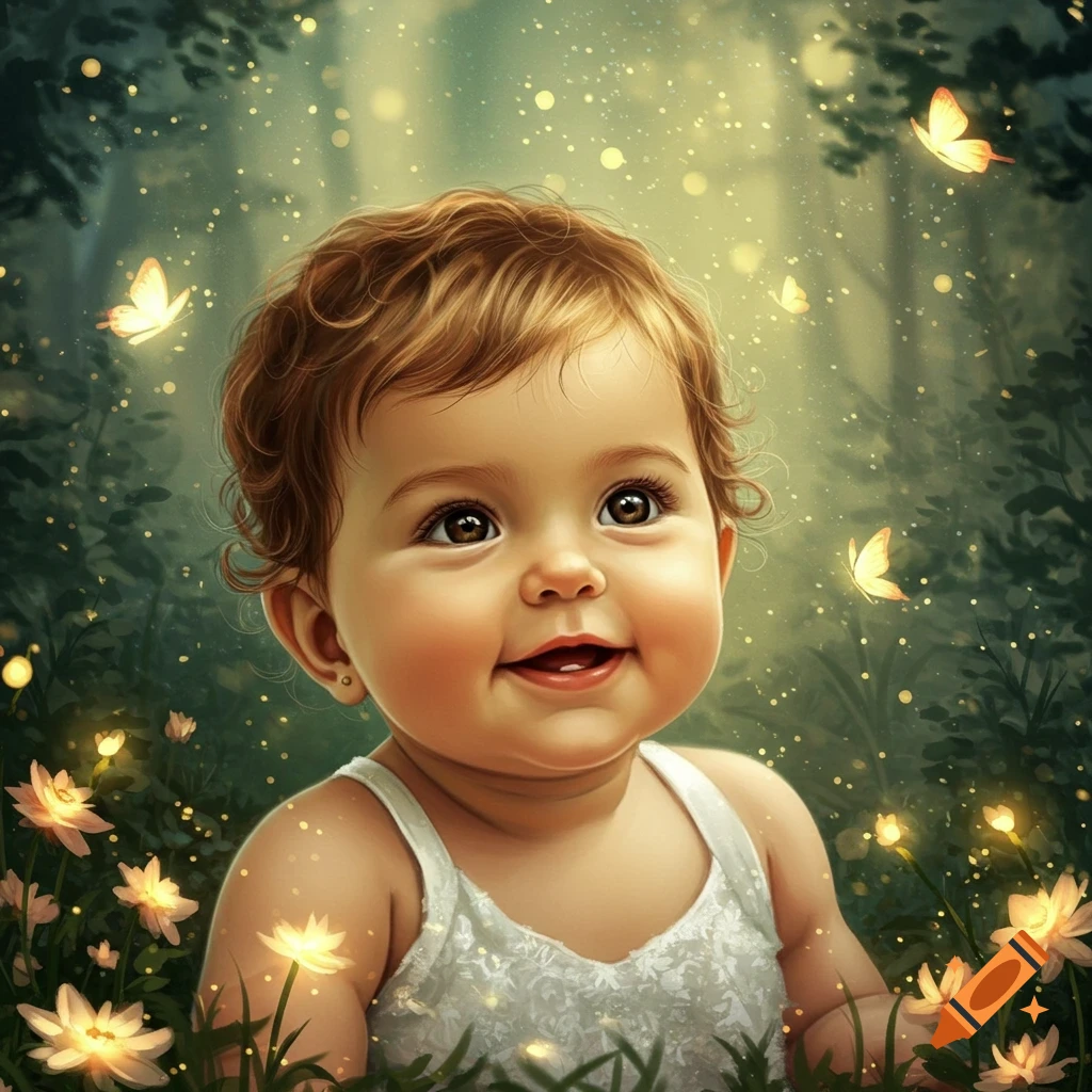 A cute baby with brown hair smiles gently in a magical forest with glowing flowers and butterflies.