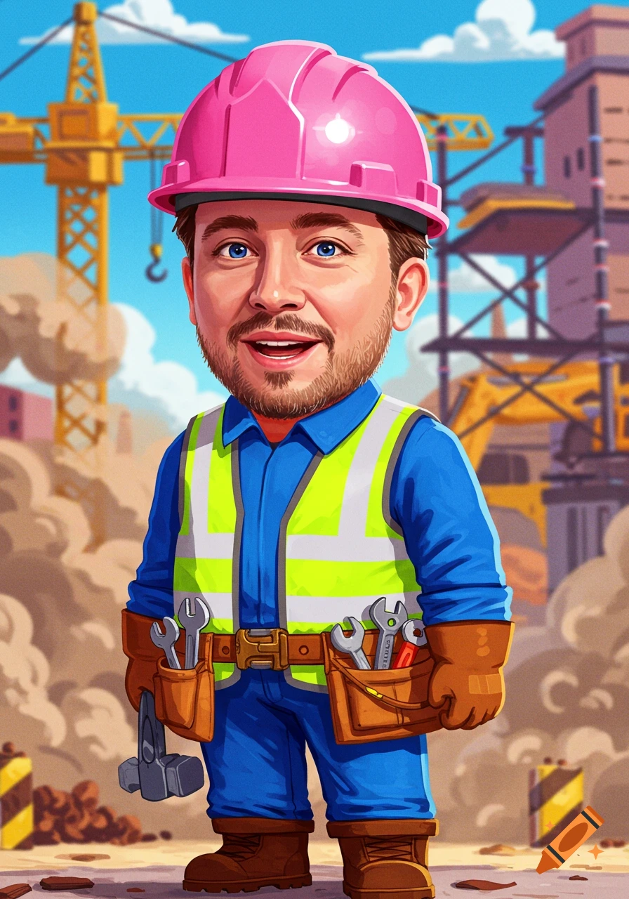 Cartoon man with a beard and blue eyes wearing a pink hard hat, blue work clothes, and a neon green safety vest, standing at a construction site with tools.