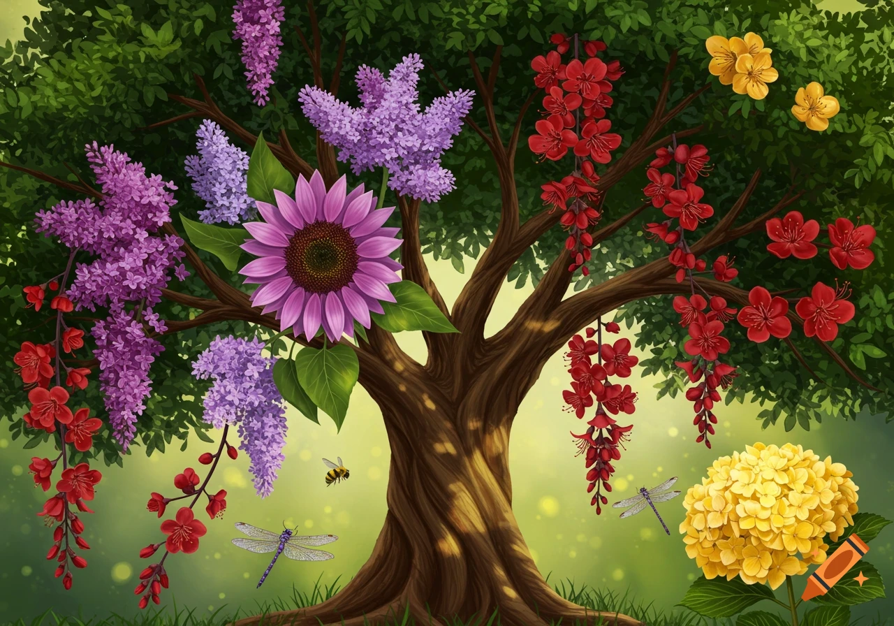 Stylized tree of life with purple lilacs, red cherry blossoms, pink sunflower, yellow hydrangeas, bee, and dragonflies.