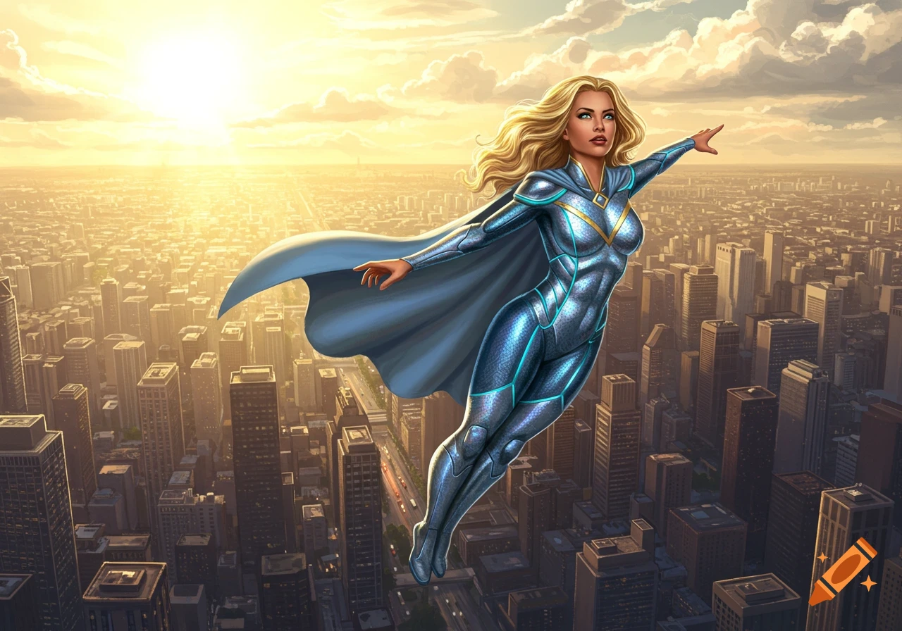 A blonde female superhero in a metallic blue suit and cape flies above a sprawling city at sunset.
