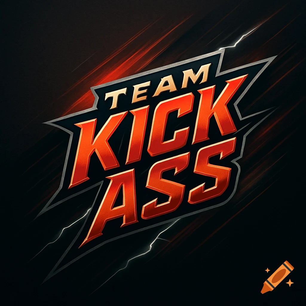 A stylized logo with bold red and orange 3D text "TEAM KICK ASS" with silver borders, on a dark background with red lightning.