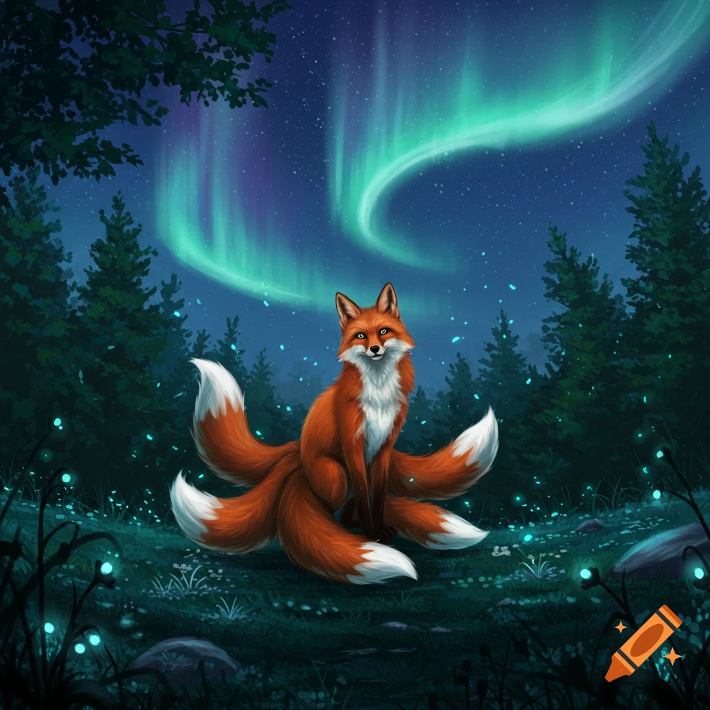 A six-tailed red fox with white fur sits in a magical forest at night under vibrant green aurora borealis, with glowing blue plants.