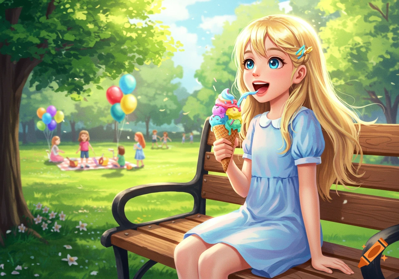 Anime style illustration of a blonde girl on a park bench eating colorful ice cream, with children playing in the background.