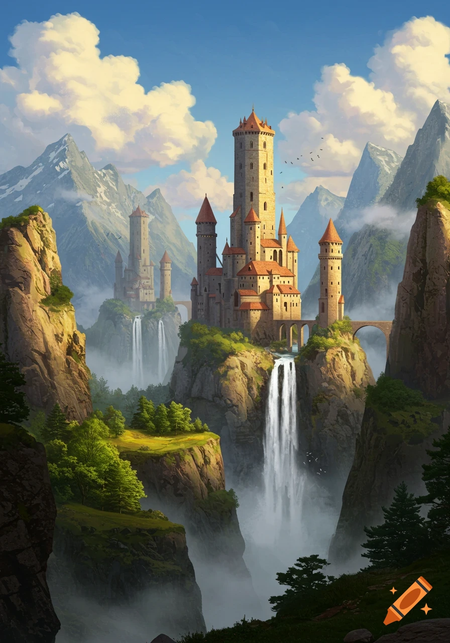 A grand fantasy castle complex perched on misty mountain cliffs with multiple waterfalls flowing into a valley.
