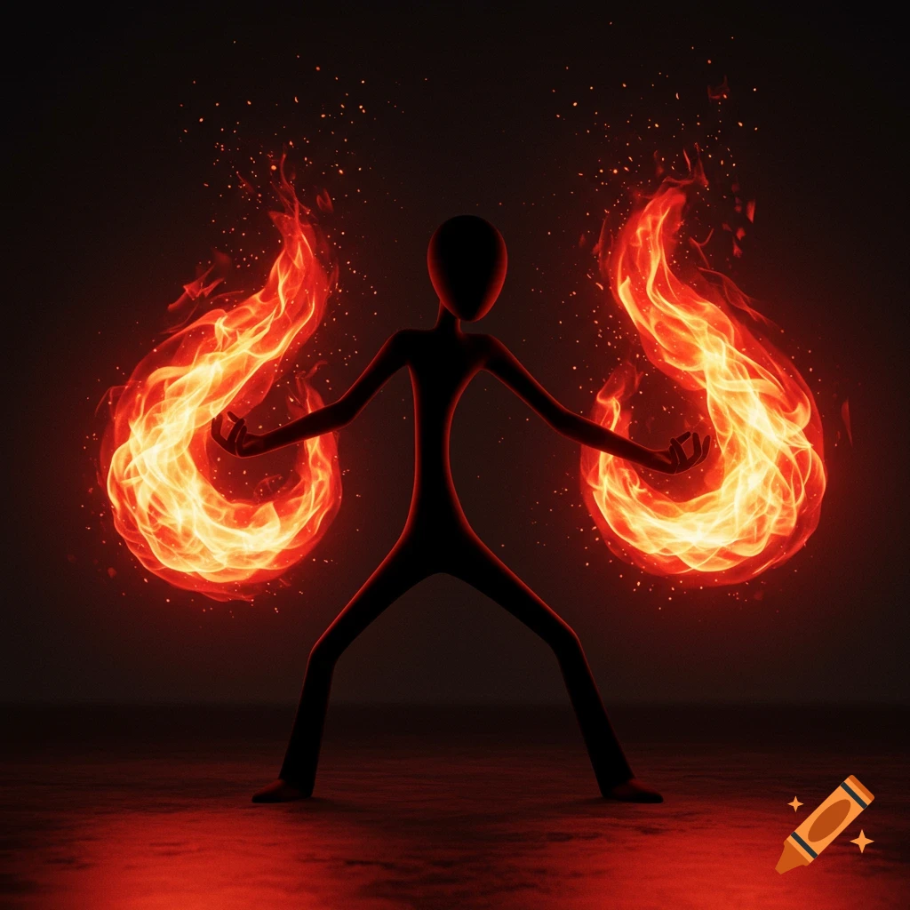 A black stickman-like figure with a red glow stands, conjuring large flames from each hand in a dark, dramatic setting.