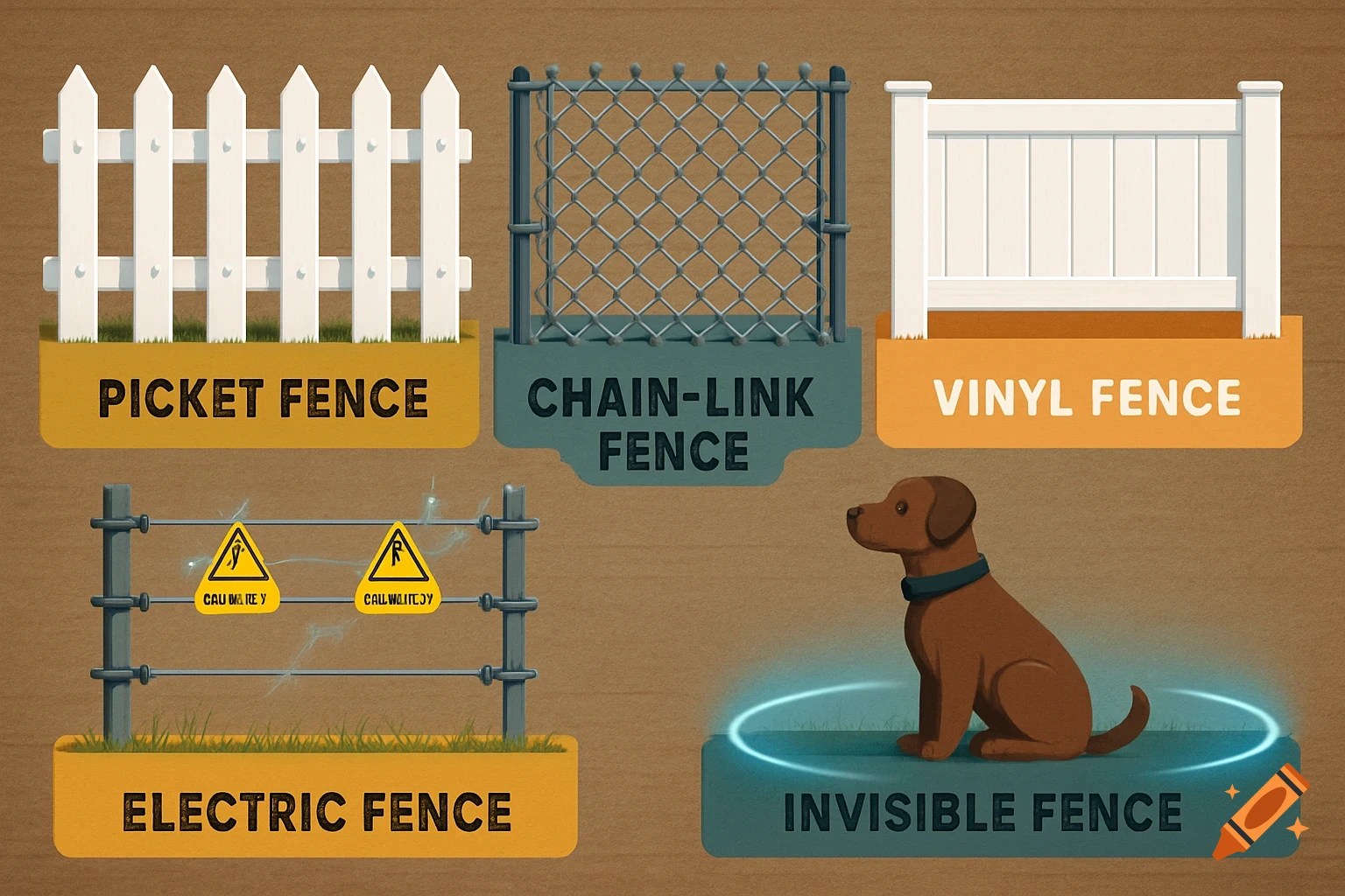 An infographic showing five types of fences: picket, chain-link, vinyl, electric, and an invisible fence represented by a sitting dog.