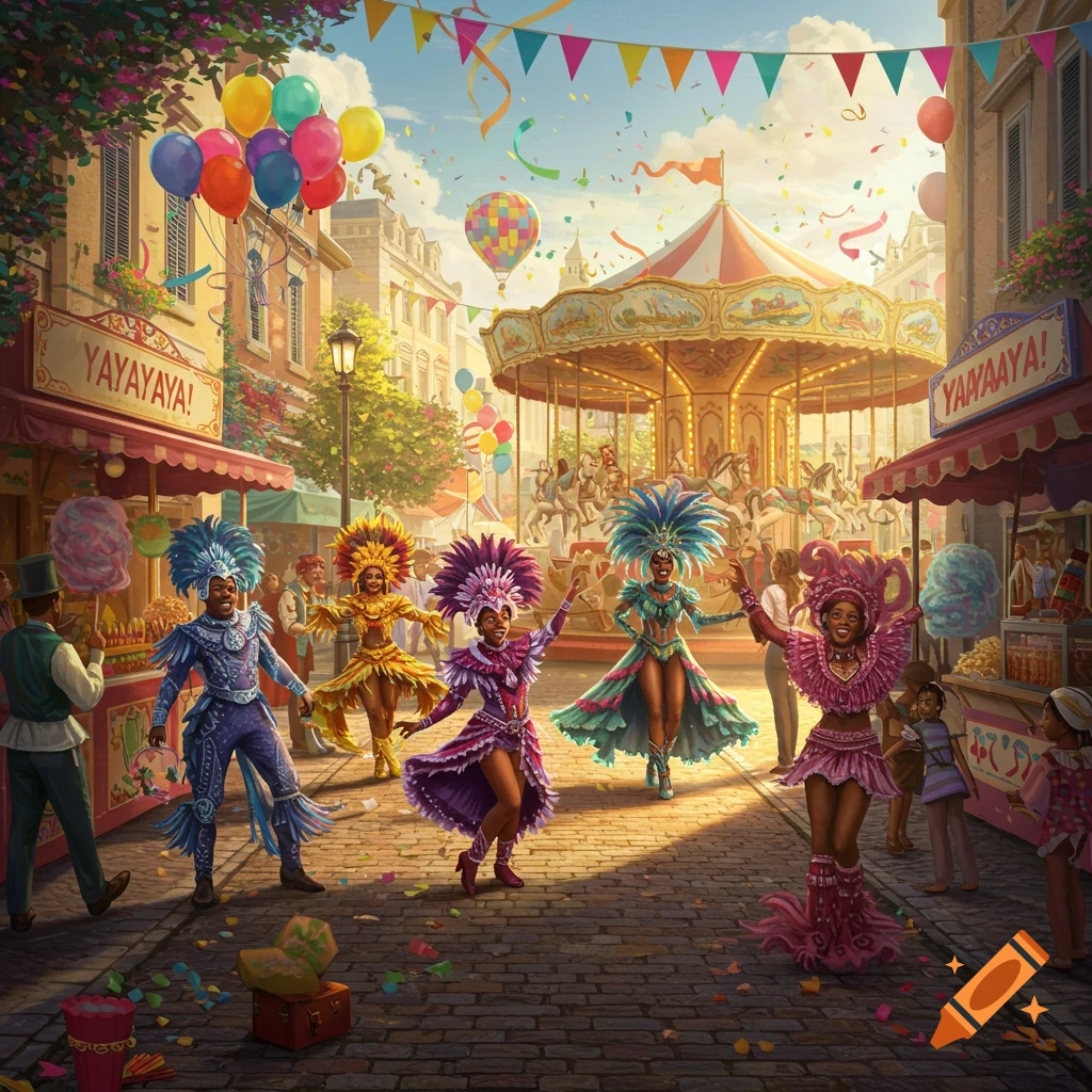 Vibrant street carnival scene with people in colorful feathered costumes dancing, balloons, a merry-go-round, and market stalls under a sunny sky.