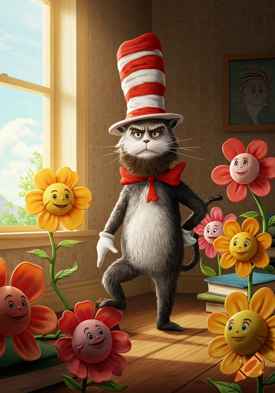 A grumpy, bearded Cat in the Hat stands among smiling, anthropomorphic flowers in a sunlit room, photorealistic style.