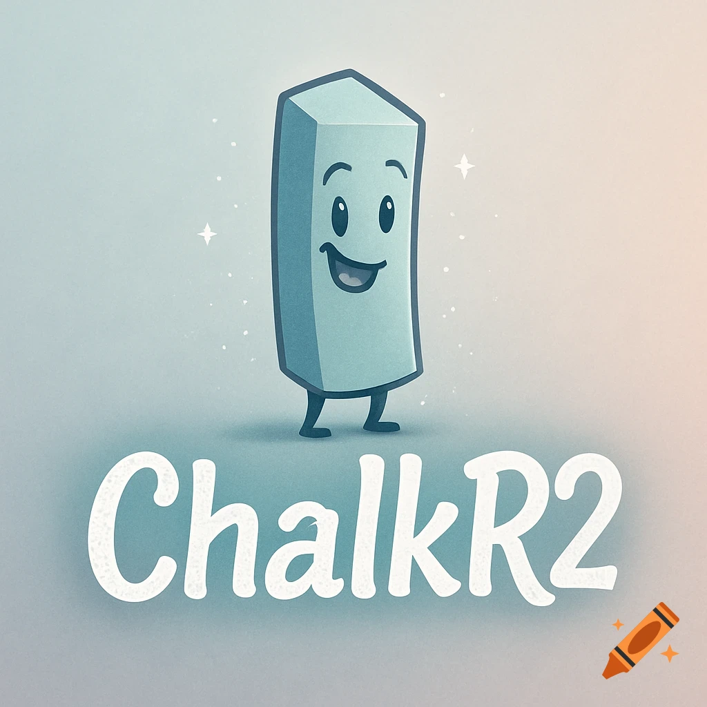 A cartoon logo featuring a smiling, light blue piece of chalk standing above the white text 'ChalkR2' on a soft gradient background.