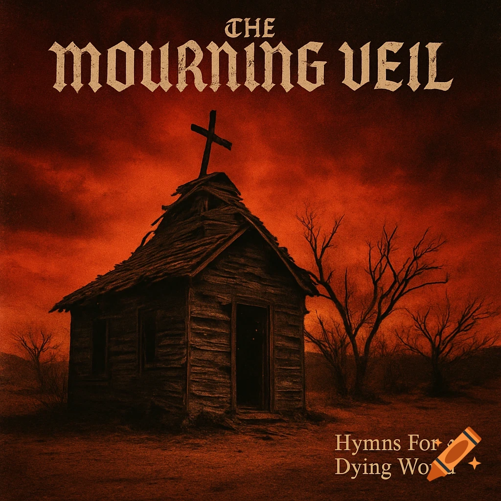 A crumbling wooden church with a crooked cross stands in a barren desert under a blood-red sky, surrounded by dead, twisted trees. Text reads "THE MOURNING VEIL" and "Hymns For & Dying World", resembling a horror album cover.