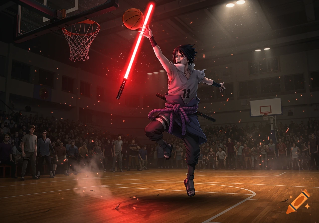 Anime style Sasuke Uchiha in mid-air, holding a red lightsaber while about to dunk a basketball in a crowded stadium.