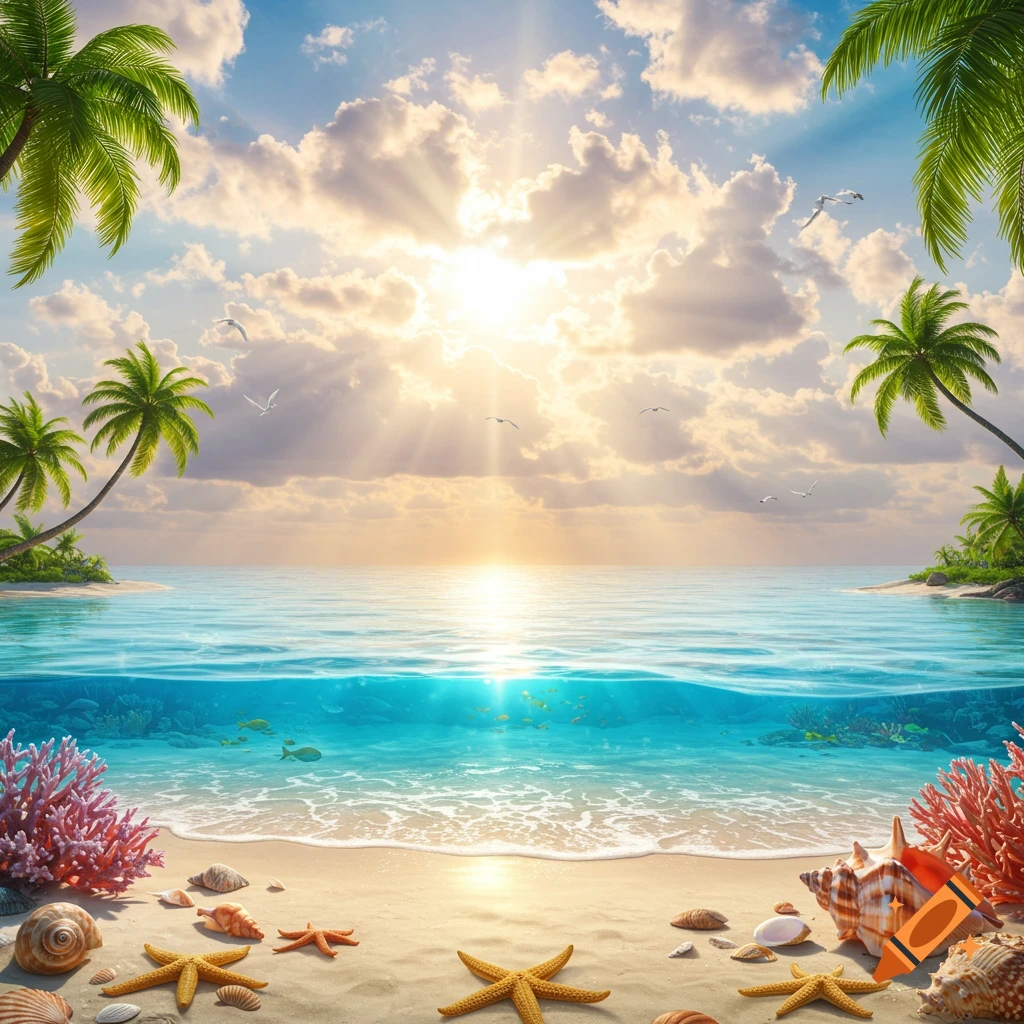 Vibrant tropical beach with clear blue ocean, palm trees, and marine life including coral and starfish on the sandy shore under a sunny sky.