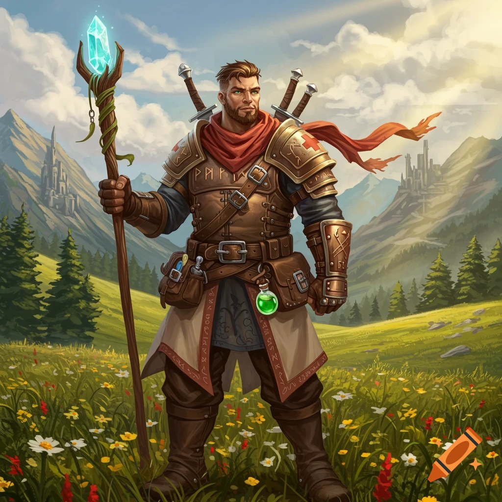 A bearded male fantasy medic with a staff and swords stands in a field with mountains and castles.