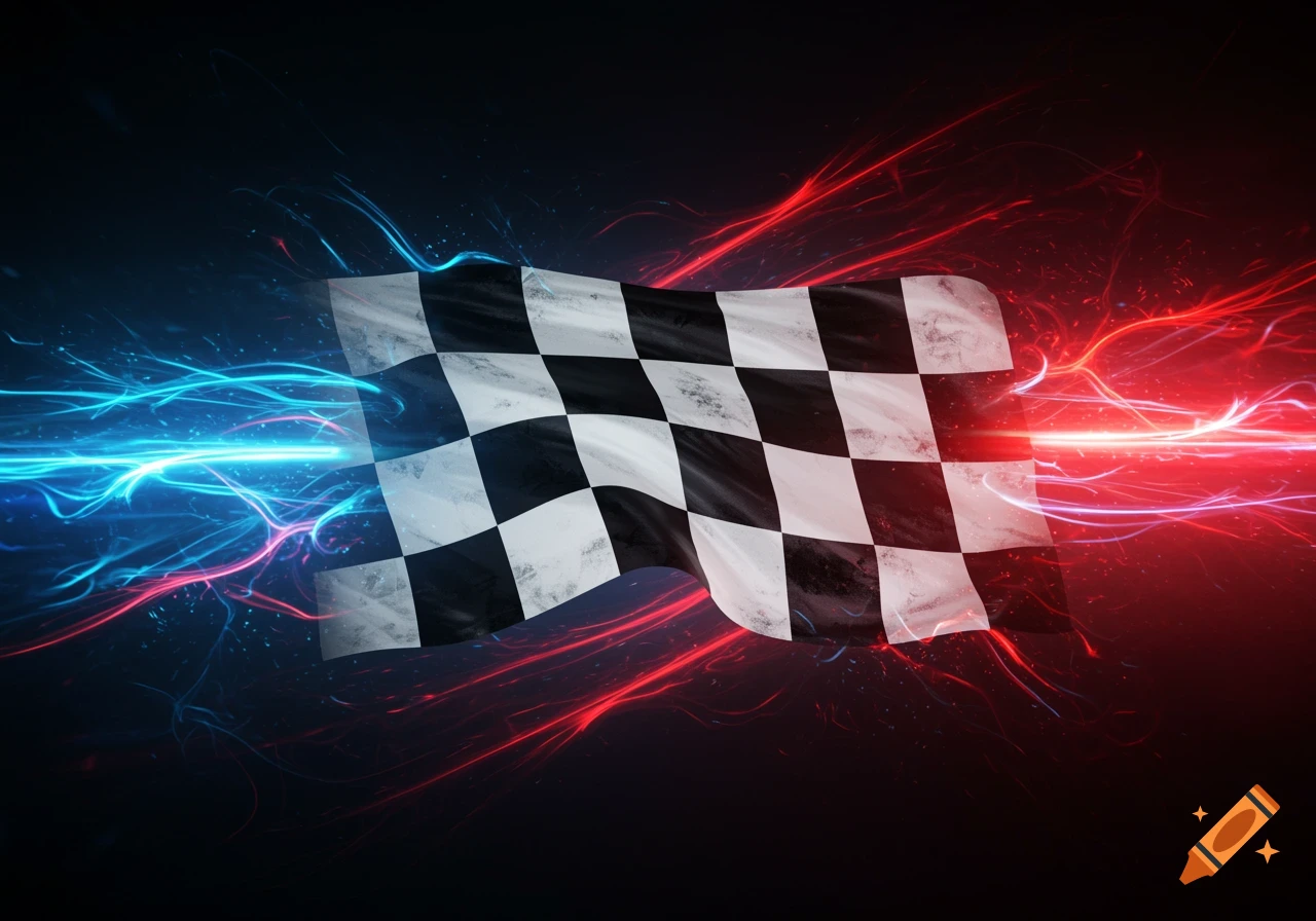 A checkered flag with dynamic blue and red light trails on a dark background.