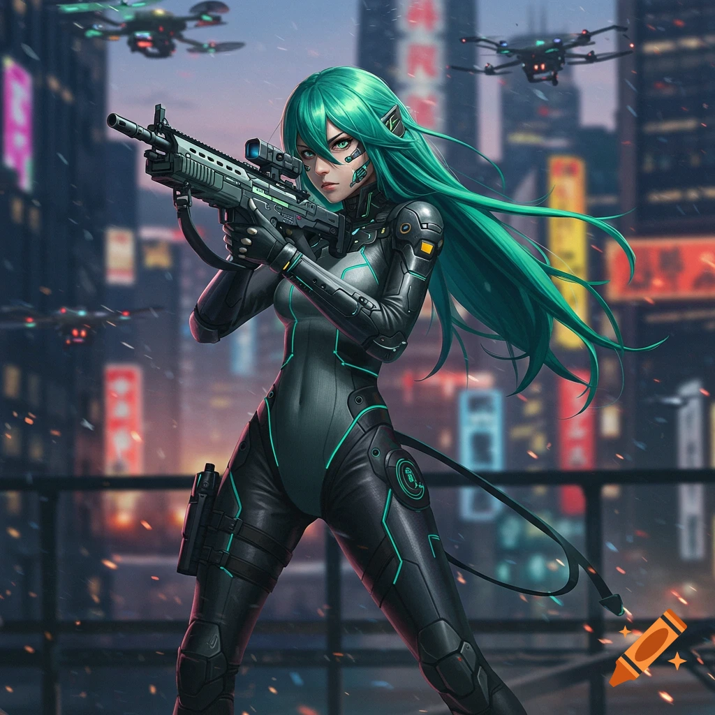 Anime woman with green hair in a futuristic suit aims a rifle in a cyberpunk city with drones.