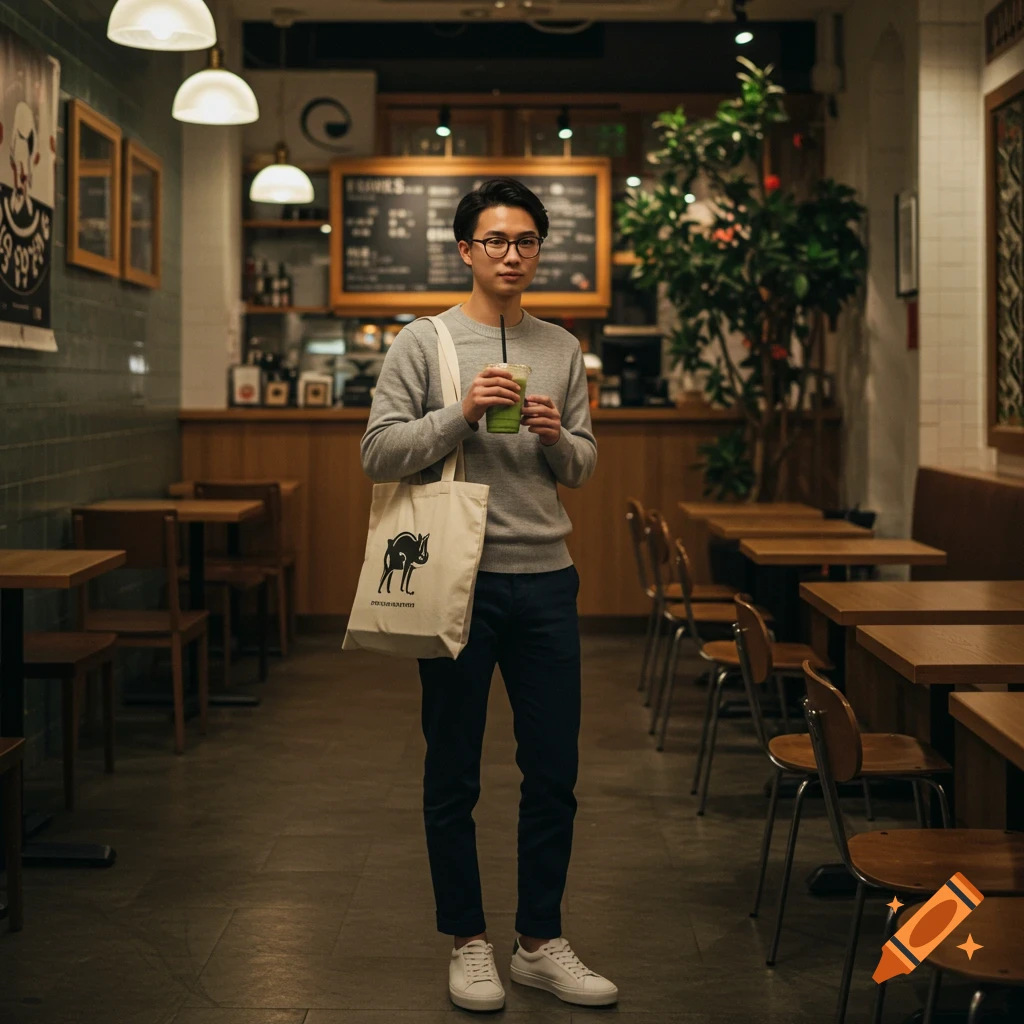 A stylish young man with glasses and a gray sweater stands in a coffee shop, holding a green drink and a canvas tote bag, looking thoughtful. Photorealistic style.